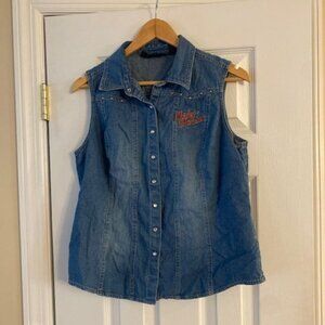 Harley Davidson Women's Genuine Denim Embroidered Print Pearl Snaps Vest Size L